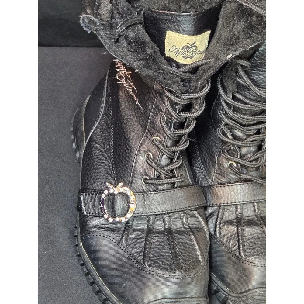 Apple Bottoms Womens Black Leather Faux Fur Lined Winter Boot Rhinestone Size 11